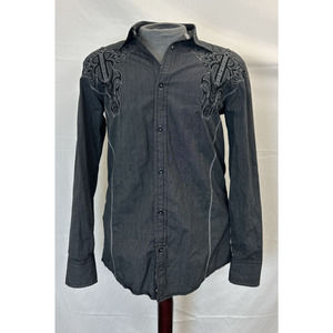 Roar Black Long Sleeve Button Front Shirt Tribal Western Embroidered Small Chrty